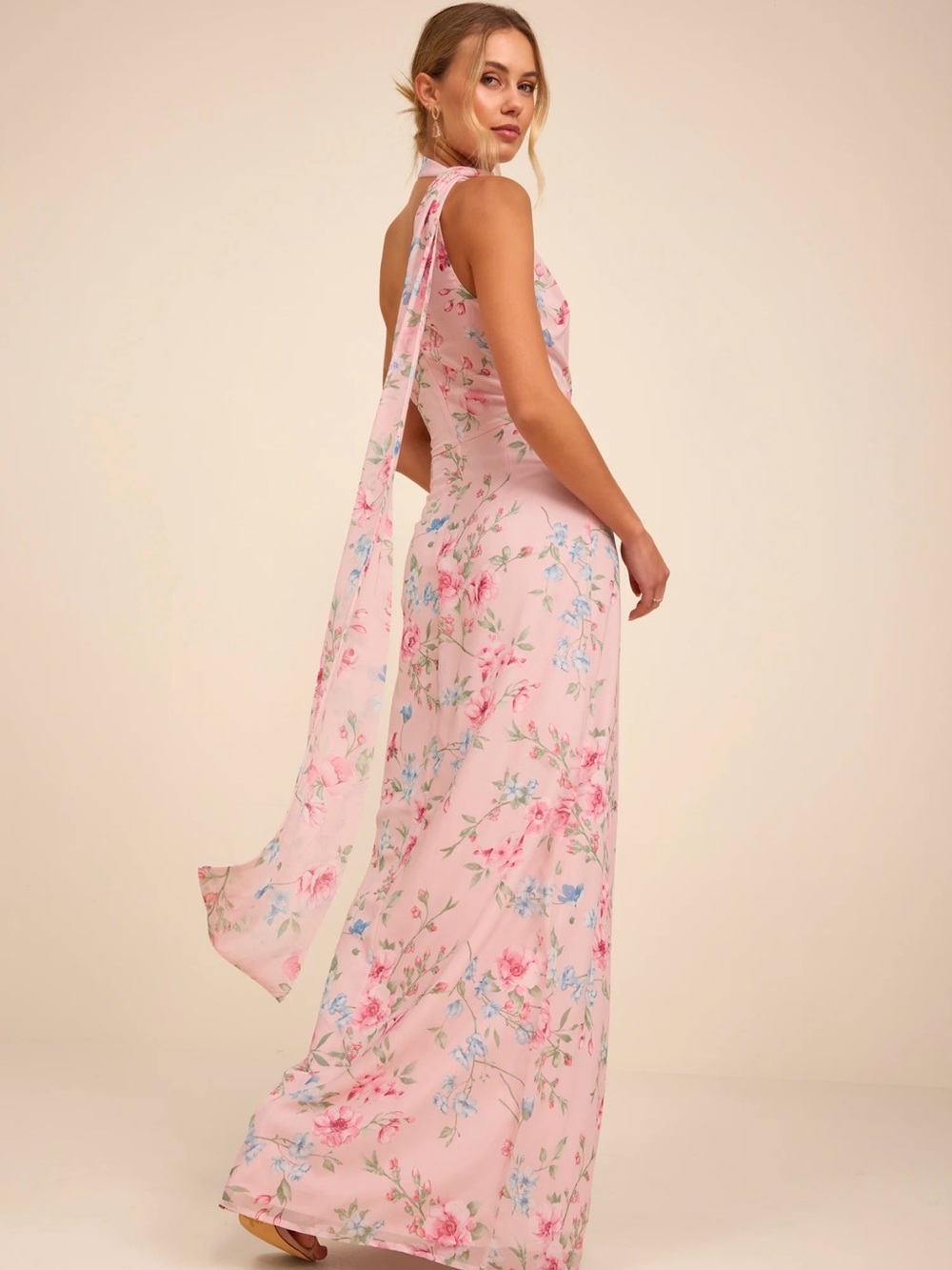 Lulu's Pink Floral Halter Maxi Dress with Tie Back